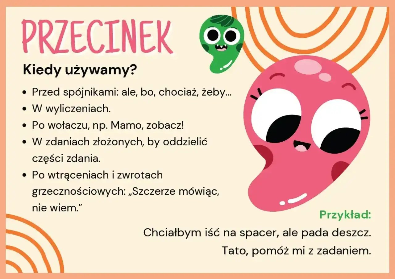Kolorowa grafika z zabawnymi stworkami i tekstem o przecinku. Wyrazista typografia wyjaśnia zasady jego użycia.