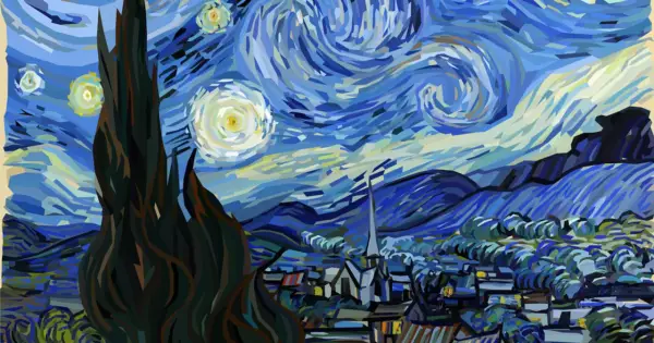 Gwiazda nocna Van Gogha, jeden z jego najsłynniejszych obrazów, ukazuje wirujące niebo nad spokojną wioską.