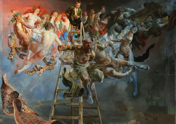Jacek Malczewski najsłynniejsze obrazy: dramatyczna scena z drabiny, gdzie postacie walczą, uciekają i wznoszą się ku górze, symbolizując ludzkie dążenia.
