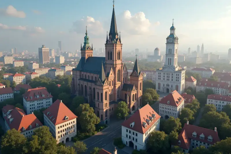 Imponująca katedra i wieża ratuszowa, otoczone kamienicami z czerwonymi dachami, tworzą malowniczy obraz polskiej architektury.