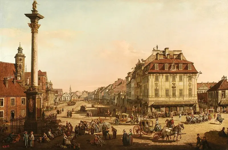Widok Warszawy z kolumną Zygmunta, dzieło Bernardo zwanego Canaletto. Tętniący życiem plac z karocami i ludźmi.