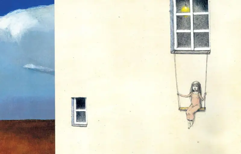 Dziecko na huśtawce pod oknem, surrealistyczne obrazy schizofrenii.