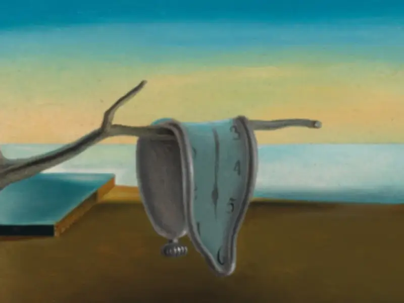 Surrealistyczne malarstwo pejzażowe: miękkie zegary topią się na gałęzi, symbolizując upływ czasu w pustynnym krajobrazie.
