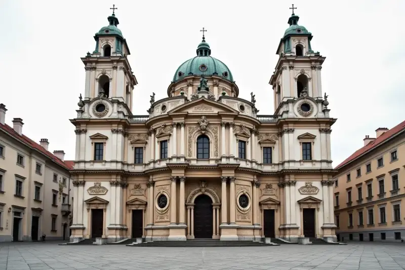 Monumentalna fasada kościoła, przykład barok w architekturze, z kopułą i dwiema wieżami.