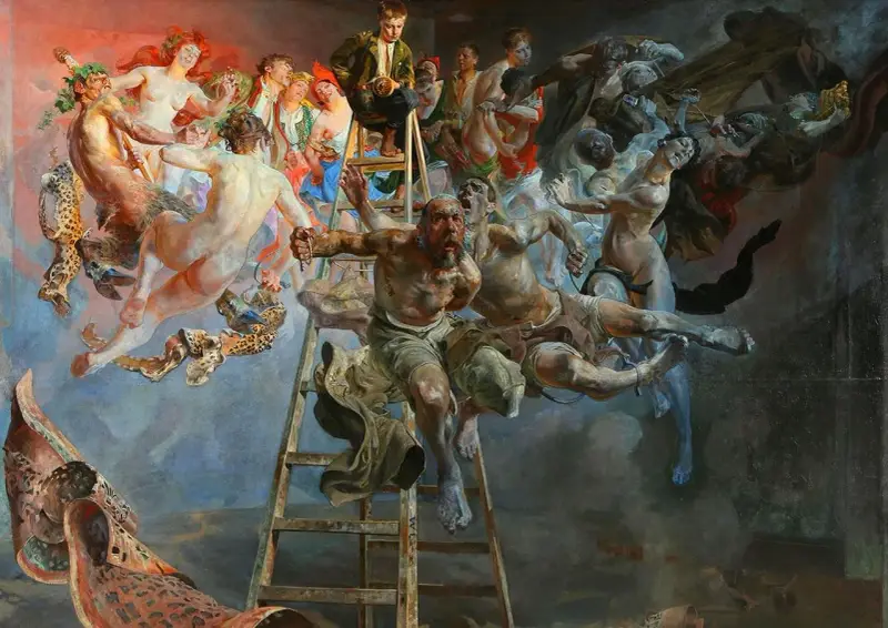 Jacek Malczewski najsłynniejsze obrazy: dramatyczna scena z drabiny, gdzie postacie walczą, uciekają i wznoszą się ku górze, symbolizując ludzkie dążenia.