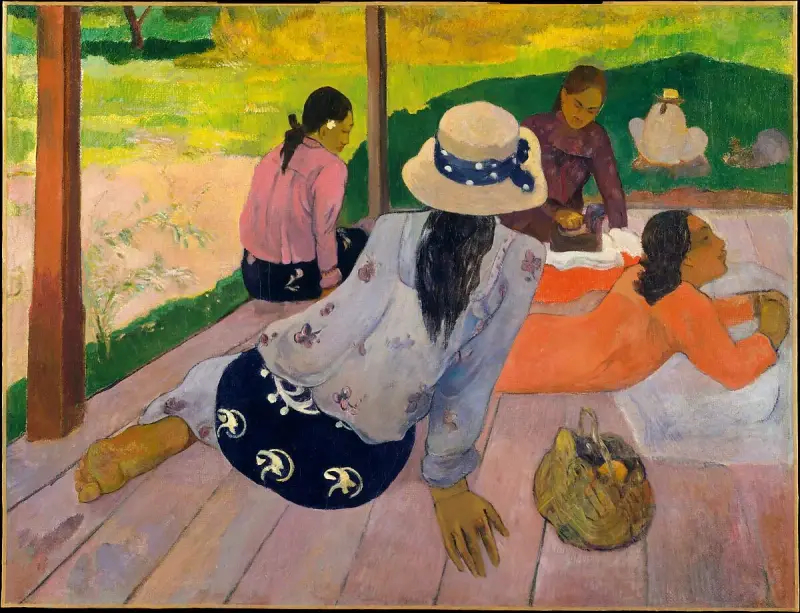 Paul Gauguin, najsłynniejsze obrazy: kobiety na tarasie, jedna w kapeluszu, druga odpoczywa, trzecia prasuje.